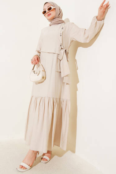 Kuş Gözü Detaylı Bağlamalı Elbise Bej - Elbise