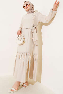 Kuş Gözü Detaylı Bağlamalı Elbise Bej
