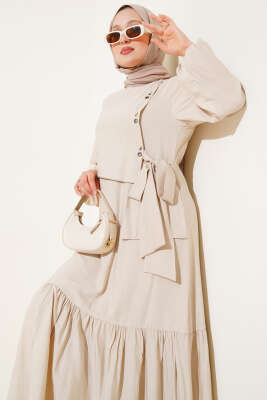 Kuş Gözü Detaylı Bağlamalı Elbise Bej - Tesettür Elbise