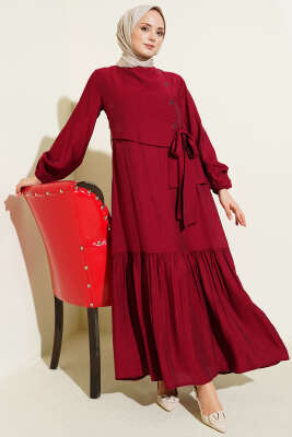 Kuş Gözü Detaylı Bağlamalı Elbise Bordo - BERAT TEKSTİL