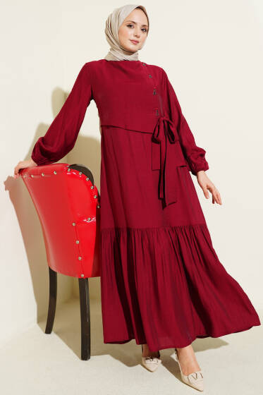 Kuş Gözü Detaylı Bağlamalı Elbise Bordo - Elbise
