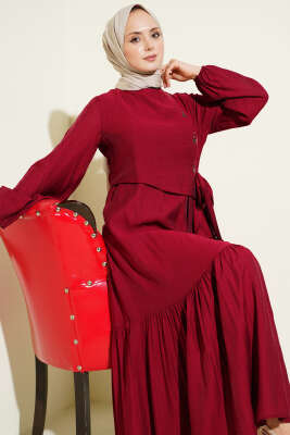 Kuş Gözü Detaylı Bağlamalı Elbise Bordo - Elbise