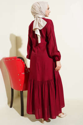 Kuş Gözü Detaylı Bağlamalı Elbise Bordo - Elbise