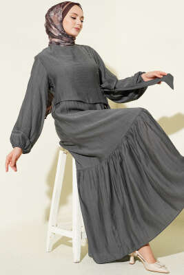 Kuş Gözü Detaylı Bağlamalı Elbise Füme - BERAT TEKSTİL