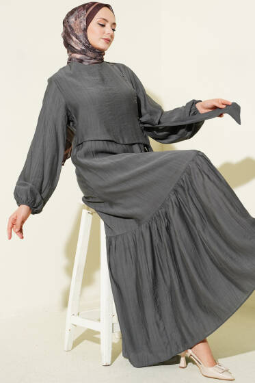 Kuş Gözü Detaylı Bağlamalı Elbise Füme - Elbise