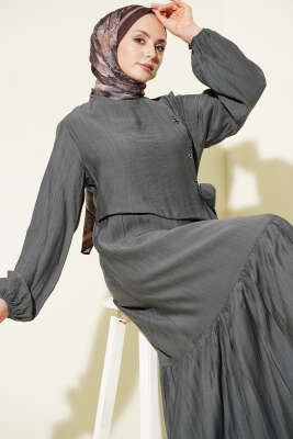 Kuş Gözü Detaylı Bağlamalı Elbise Füme - Elbise