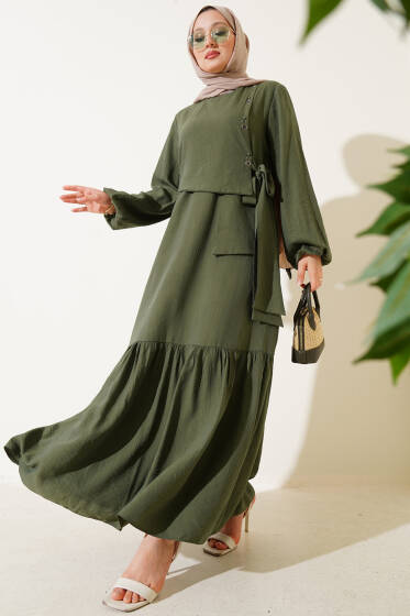 Kuş Gözü Detaylı Bağlamalı Elbise Haki - Elbise