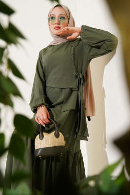 Kuş Gözü Detaylı Bağlamalı Elbise Haki - Tesettür Elbise