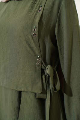 Kuş Gözü Detaylı Bağlamalı Elbise Haki - Tesettür Elbise