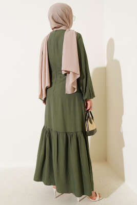 Kuş Gözü Detaylı Bağlamalı Elbise Haki - Tesettür Elbise