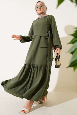 Kuş Gözü Detaylı Bağlamalı Elbise Haki 