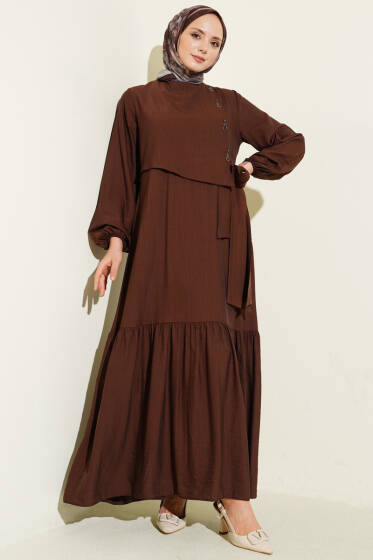 Kuş Gözü Detaylı Bağlamalı Elbise Kahve - Elbise