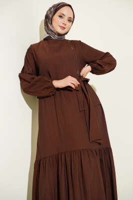 Kuş Gözü Detaylı Bağlamalı Elbise Kahve - Elbise