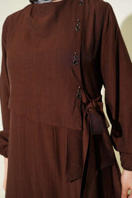 Kuş Gözü Detaylı Bağlamalı Elbise Kahve - Elbise