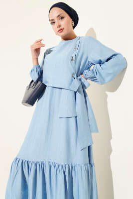 Kuş Gözü Detaylı Bağlamalı Elbise Mavi - Tesettür Elbise