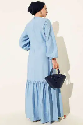 Kuş Gözü Detaylı Bağlamalı Elbise Mavi - Tesettür Elbise