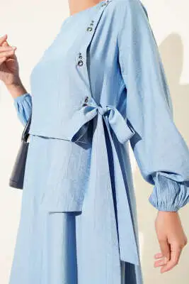 Kuş Gözü Detaylı Bağlamalı Elbise Mavi - Tesettür Elbise