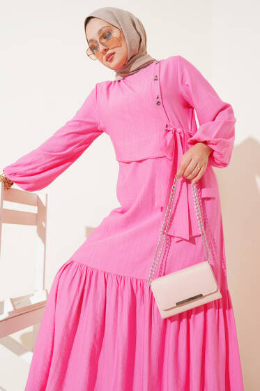 Kuş Gözü Detaylı Bağlamalı Elbise Pembe - Elbise