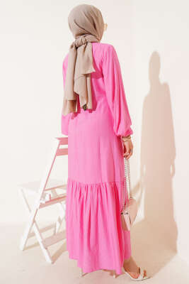 Kuş Gözü Detaylı Bağlamalı Elbise Pembe - Tesettür Elbise