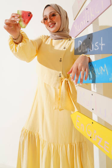 Kuş Gözü Detaylı Bağlamalı Elbise Sarı - Elbise