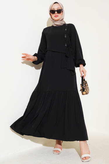 Kuş Gözü Detaylı Bağlamalı Elbise Siyah - Elbise