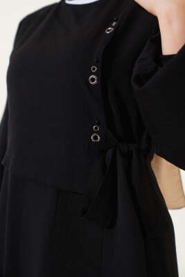 Kuş Gözü Detaylı Bağlamalı Elbise Siyah - Tesettür Elbise