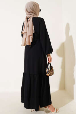Kuş Gözü Detaylı Bağlamalı Elbise Siyah - Tesettür Elbise