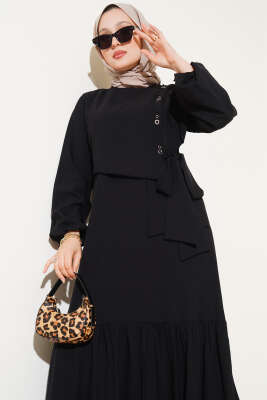 Kuş Gözü Detaylı Bağlamalı Elbise Siyah - Tesettür Elbise