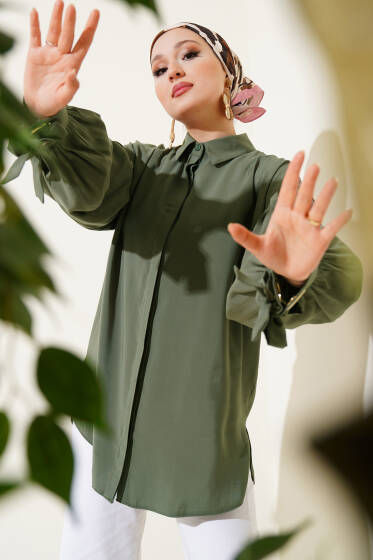 Kuş Gözü Detaylı Balon Kol Gömlek Haki - Gömlek