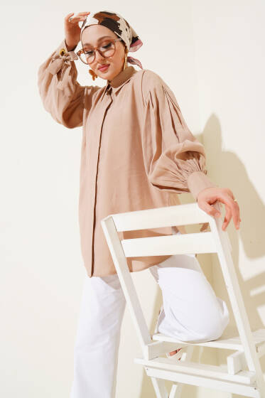 Kuş Gözü Detaylı Balon Kol Gömlek Latte - Gömlek