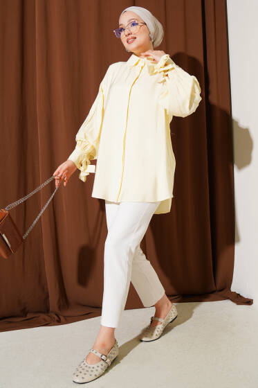 Kuş Gözü Detaylı Balon Kol Gömlek Sarı - Gömlek