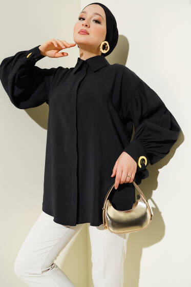 Kuş Gözü Detaylı Balon Kol Gömlek Siyah - Gömlek