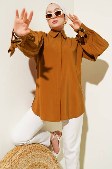Kuş Gözü Detaylı Balon Kol Gömlek Taba - Gömlek