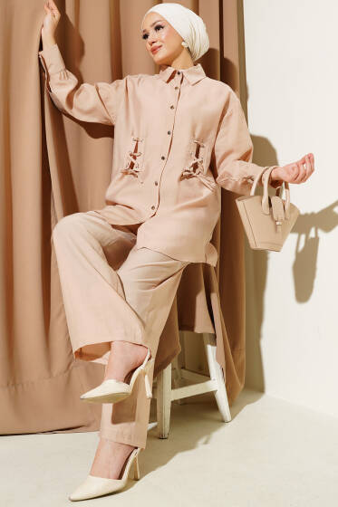 Kuş Gözü Detaylı Tunik İkili Takım Camel - İkili Takım