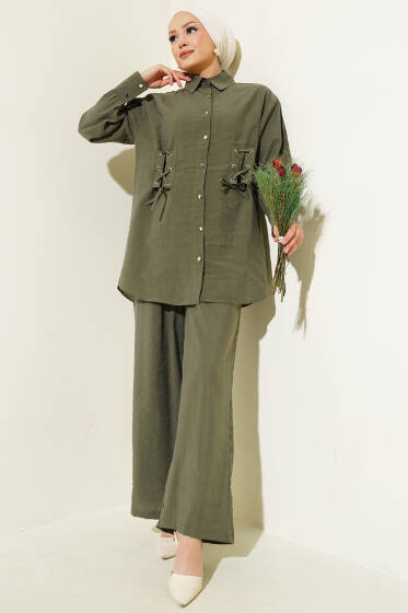 Kuş Gözü Detaylı Tunik İkili Takım Haki - İkili Takım
