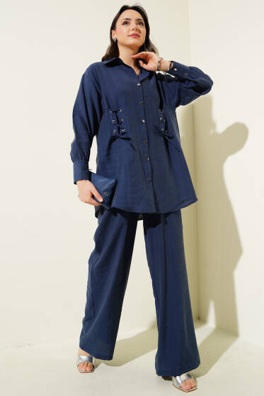 Kuş Gözü Detaylı Tunik İkili Takım İndigo - İkili Takım