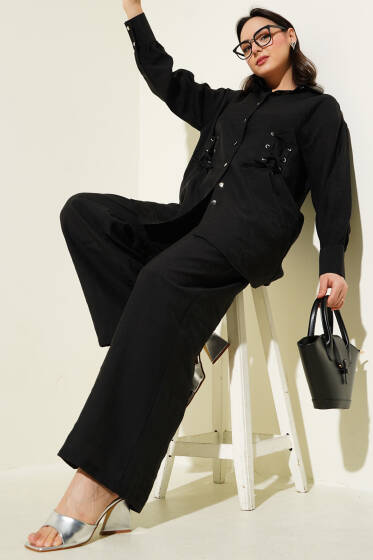 Kuş Gözü Detaylı Tunik İkili Takım Siyah - İkili Takım