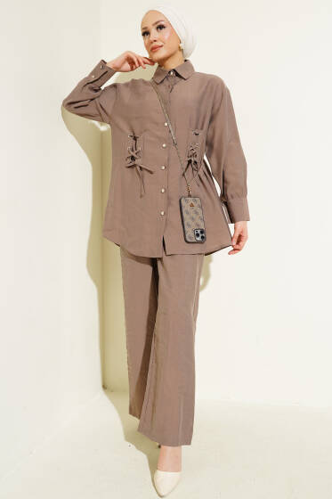 Kuş Gözü Detaylı Tunik İkili Takım Vizon - İkili Takım