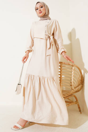 Kuş Gözü Detaylı Yandan Bağlamalı Elbise Bej - Elbise