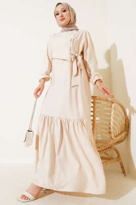 Kuş Gözü Detaylı Yandan Bağlamalı Elbise Bej