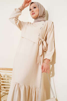 Kuş Gözü Detaylı Yandan Bağlamalı Elbise Bej - Tesettür Elbise