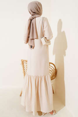 Kuş Gözü Detaylı Yandan Bağlamalı Elbise Bej - Tesettür Elbise