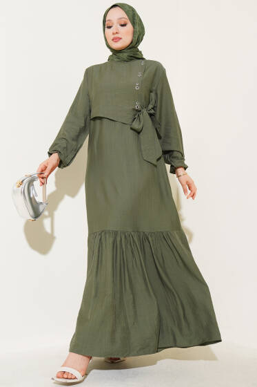Kuş Gözü Detaylı Yandan Bağlamalı Elbise Haki - Elbise