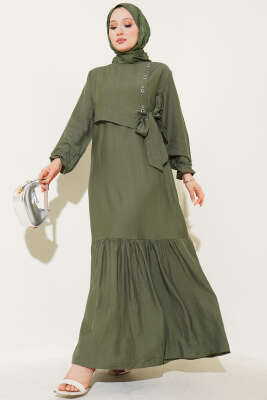 Kuş Gözü Detaylı Yandan Bağlamalı Elbise Haki 