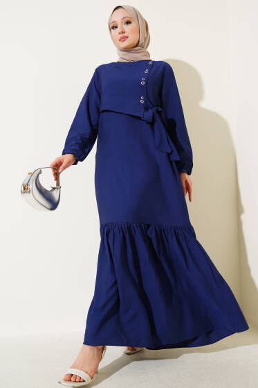 Kuş Gözü Detaylı Yandan Bağlamalı Elbise Lacivert - Elbise
