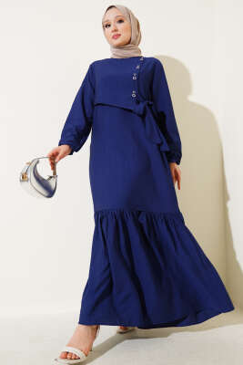 Kuş Gözü Detaylı Yandan Bağlamalı Elbise Lacivert 