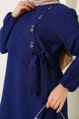 Kuş Gözü Detaylı Yandan Bağlamalı Elbise Lacivert - Tesettür Elbise