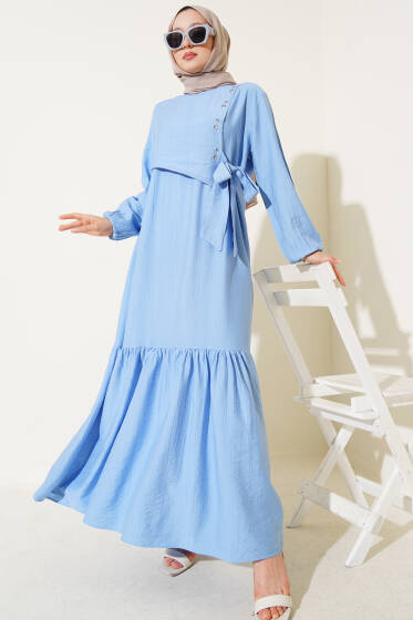 Kuş Gözü Detaylı Yandan Bağlamalı Elbise Mavi - Elbise
