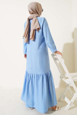 Kuş Gözü Detaylı Yandan Bağlamalı Elbise Mavi - Tesettür Elbise