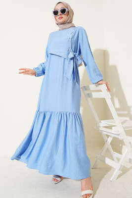 Kuş Gözü Detaylı Yandan Bağlamalı Elbise Mavi 